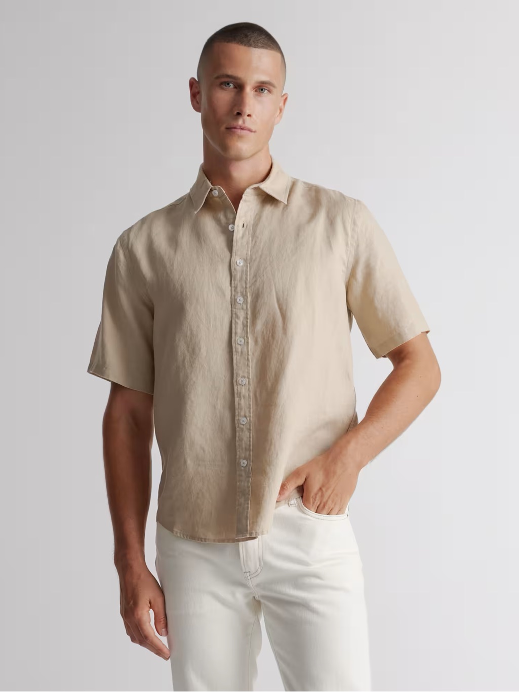 Quince 100% European Linen Relaxed Short Sleeve Shirt M Driftwood